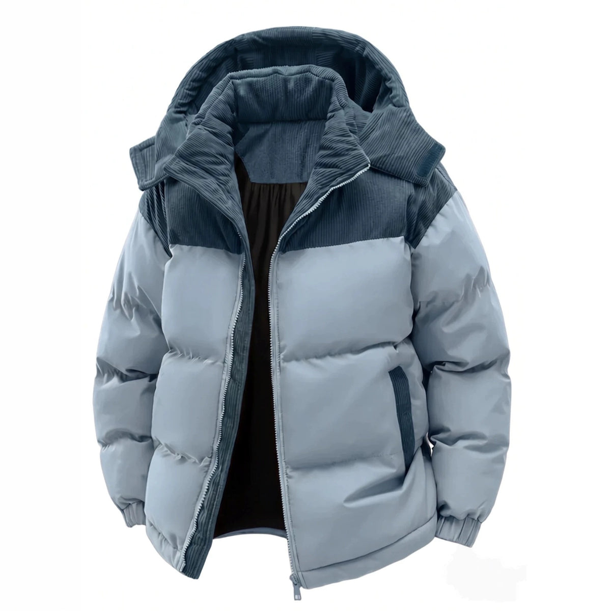 A light blue and dark gray color-blocked puffer jacket with a corduroy hood, shown on a plain white background.