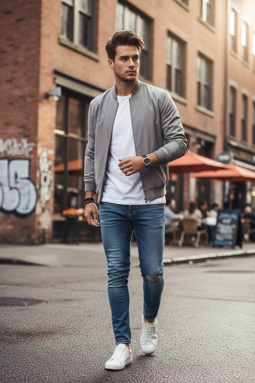 Men's Lightweight Bomber Jacket - Grey Lifestyle