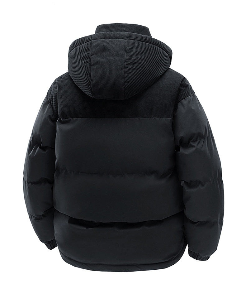 Black puffer jacket with a hood on a white background