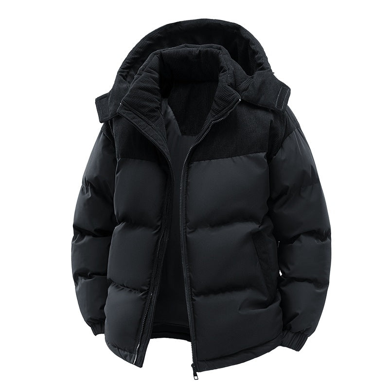 Black puffer jacket with a hood on a white background