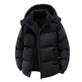 Black puffer jacket with a hood on a white background