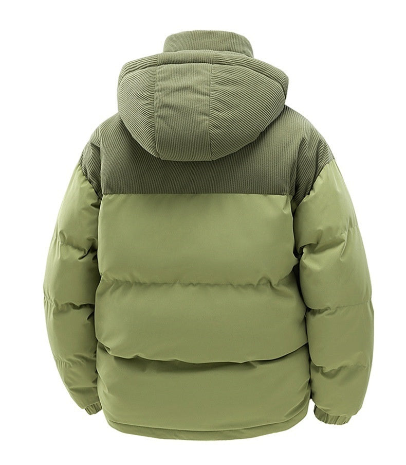 Green puffer jacket with a hood on a white background