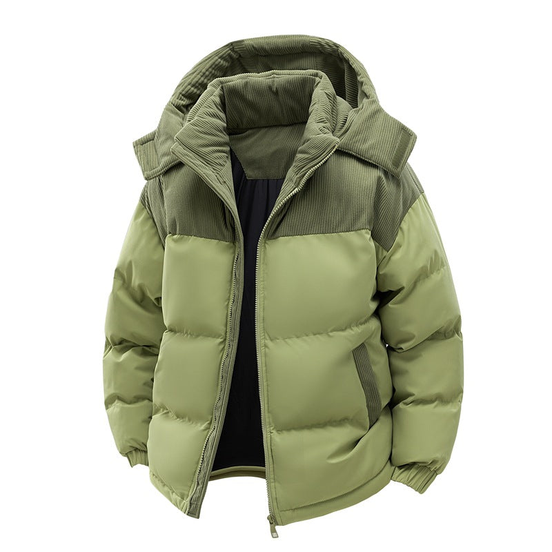 Green puffer jacket with a hood on a white background