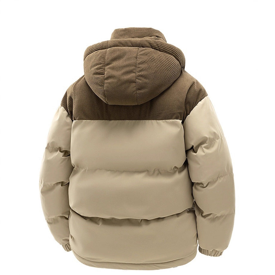 Brown and beige puffer jacket with a hood on a white background