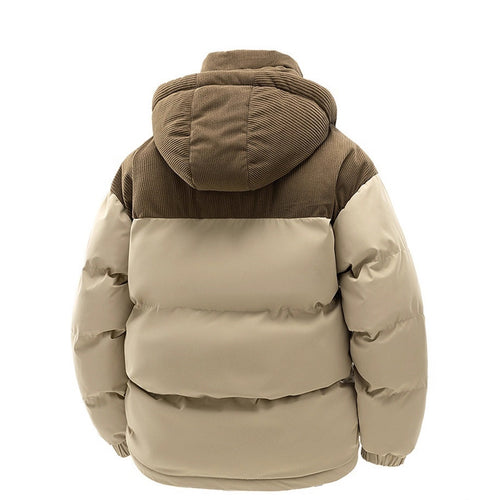 Brown and beige puffer jacket with a hood on a white background
