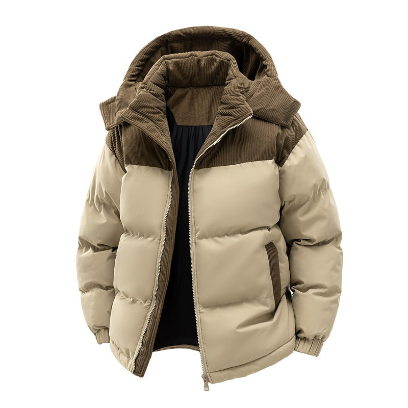 Beige and brown puffer jacket on a white background