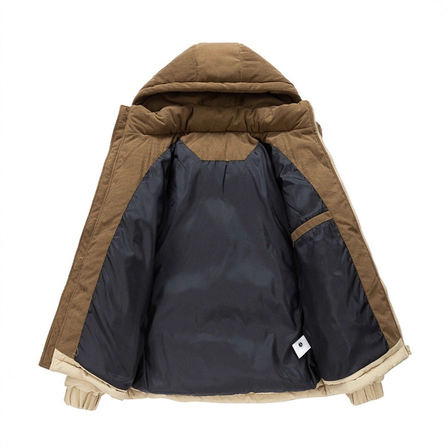 Brown and black jacket with a hood on a white background