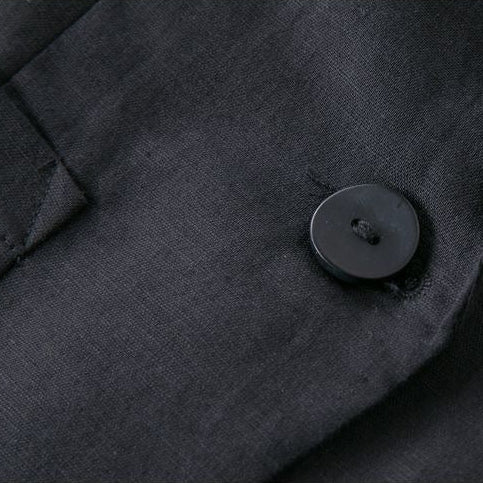 Three close-up detail shots of a black fabric garment, showing a buttoned lapel, a pocket seam, and a folded cuff on a light background.